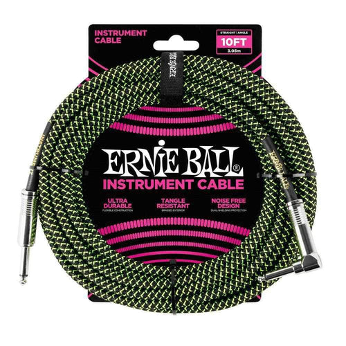 Ernie Ball 3 Meters Braided Straight / Angle Inst Cable, Black/Green