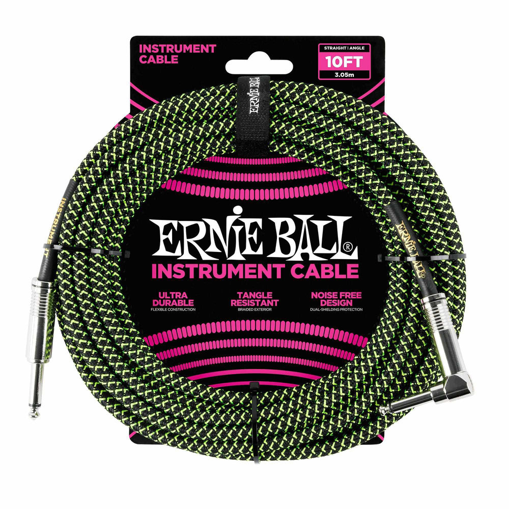 Ernie Ball 3 Meters Braided Straight / Angle Inst Cable, Black/Green