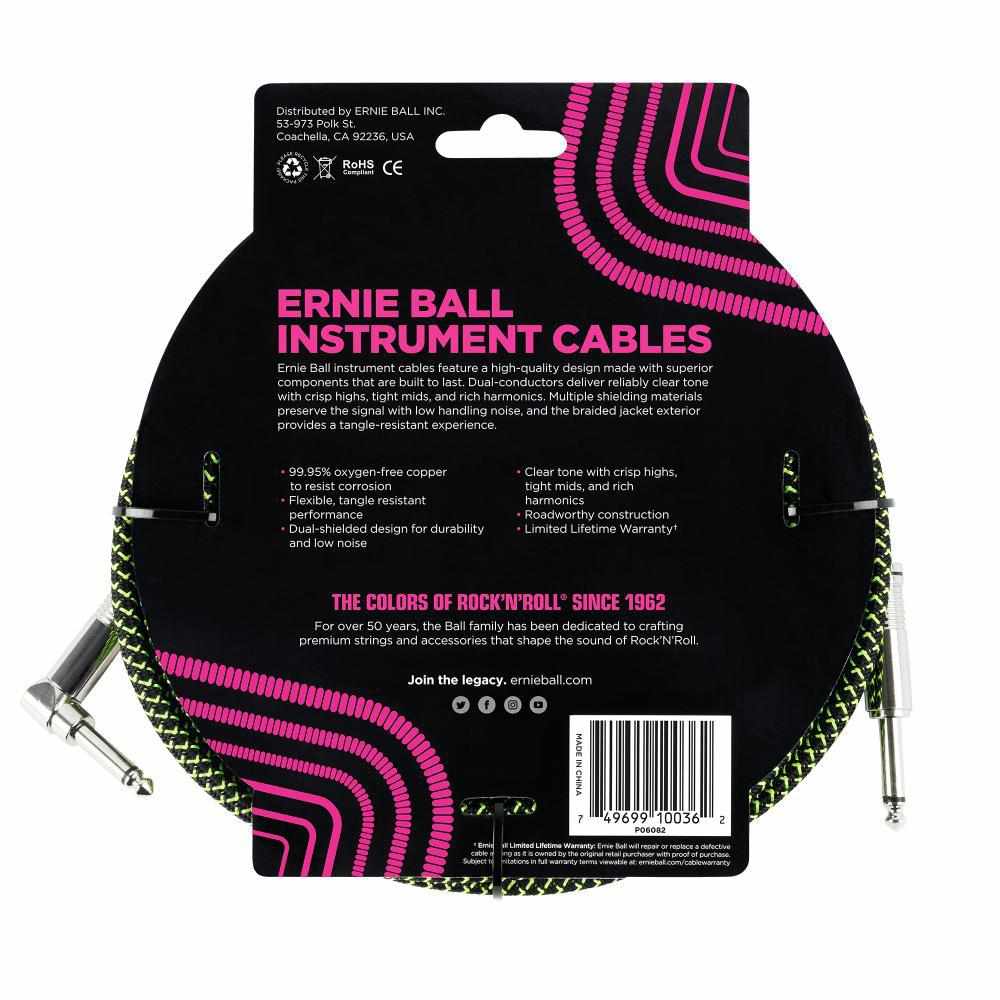 Ernie Ball 5.5 Meters Feet Braided Straight / Angle Inst Cable, Black/Green
