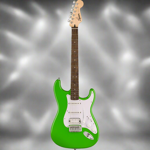 A Squier Sonic Stratocaster HSS electric guitar in Lime Green with a white pickguard, black fingerboard, and chrome hardware.