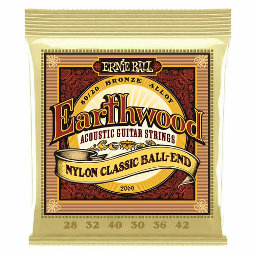 Ernie Ball Earthwood 80/20 Bronze Folk Nylon Classic Ball End Acoustic Guitar Strings, 28-42 Gauge