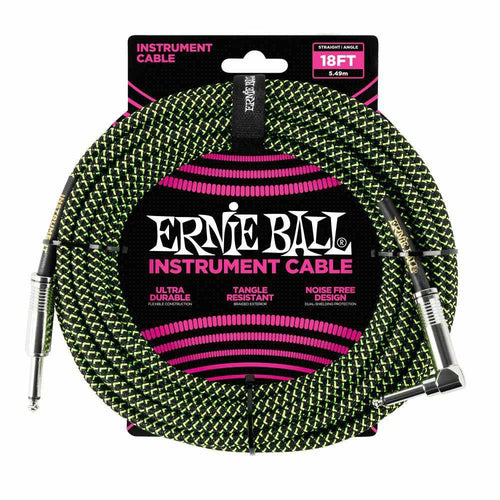 Ernie Ball 5.5 Meters Feet Braided Straight / Angle Inst Cable, Black/Green