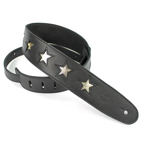 DSL Guitar Strap Leather 2.5" Black leather, gold stars STAR25, DSL Straps, Haworth Music