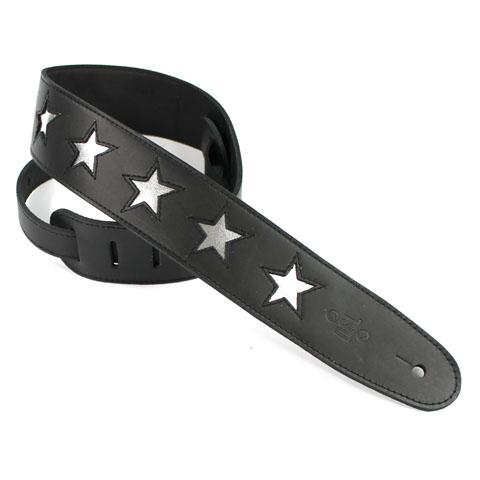 DSL Guitar Strap Leather 2.5" Black leather, silver stars STAR25, DSL Straps, Haworth Music