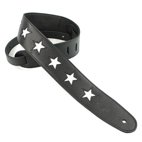 DSL Guitar Strap Leather 2.5" Black leather, white stars STAR25, DSL Straps, Haworth Music