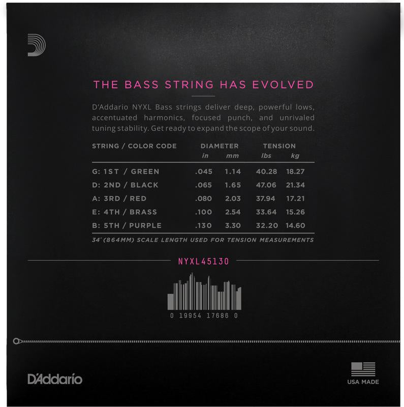 D'Addario NYXL45130 Nickel Wound Bass Guitar Strings 5-String Regular Light 45-130 Long Scale